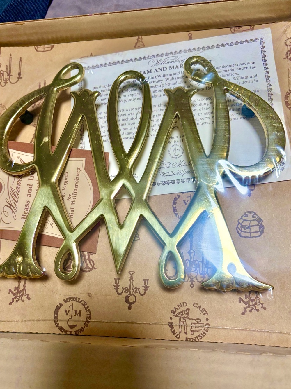 William & Mary brass trivet Script Monogram w & m